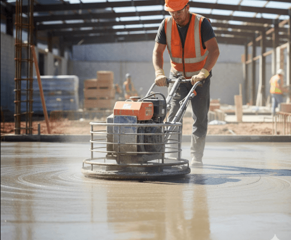 Stone concrete power trowel smoothing a fresh concrete surface